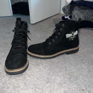Black Lace-Up Ankle Boots with Embroidered Bee